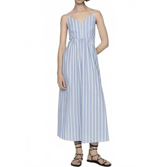 Mango 100% Cotton Cut-Out Back Striped Dress Sky Blue Stripe NWT Size XXL / 12 - Picture 1 of 9